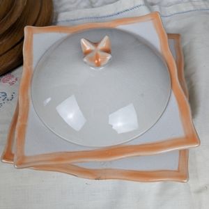 Vintage Jars Céramique France Soup Bowl With Lid And Underplate White And Peach